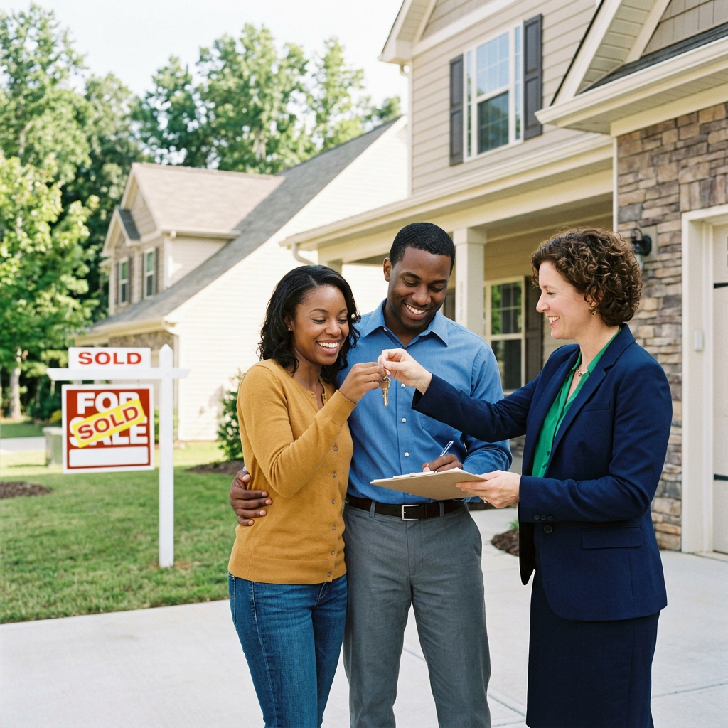 Couple receiving house keys from real estate agent outside new home